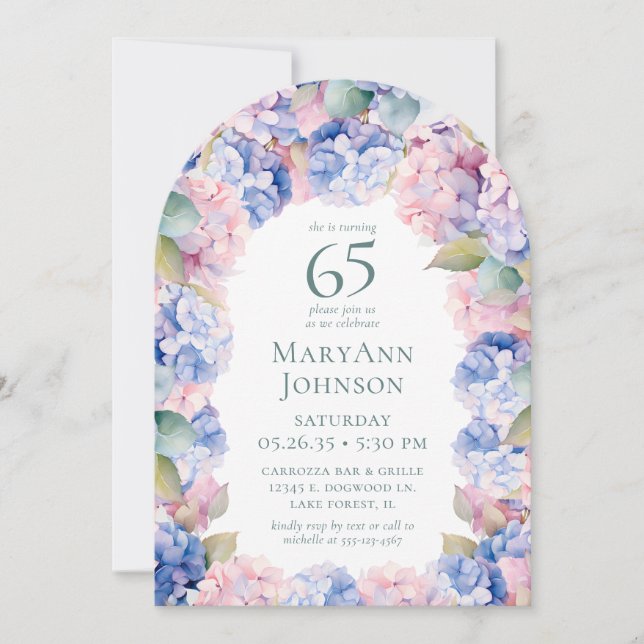 Hydrangeas 65th Birthday Party Invitation (Front)