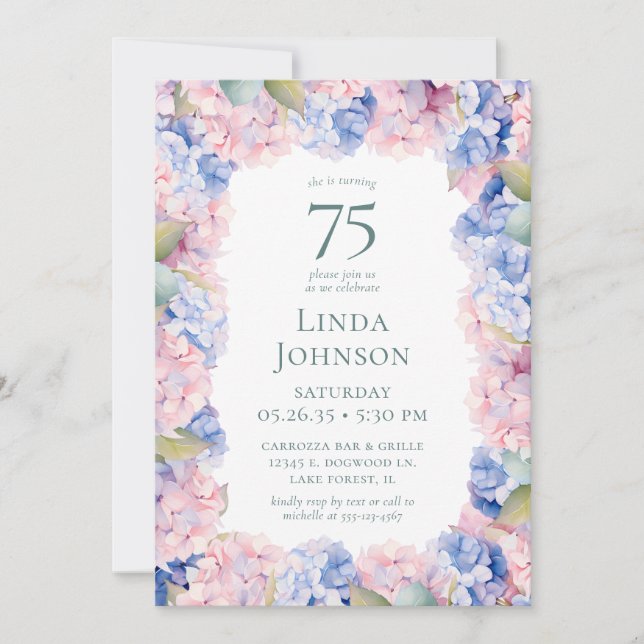 Hydrangeas 75th Birthday Party Invitation (Front)