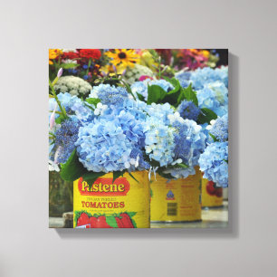 Hydrangeas and Fresh Flowers in Tomato Cans Canvas Print