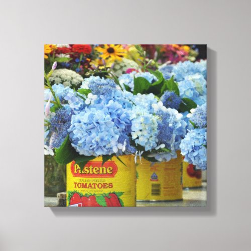 Hydrangeas and Fresh Flowers in Tomato Cans Canvas Print