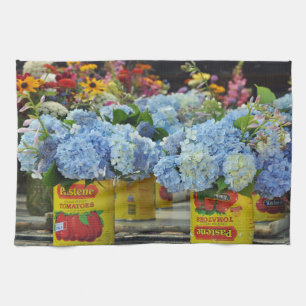 Hydrangeas and Fresh Flowers in Tomato Cans Kitchen Towel