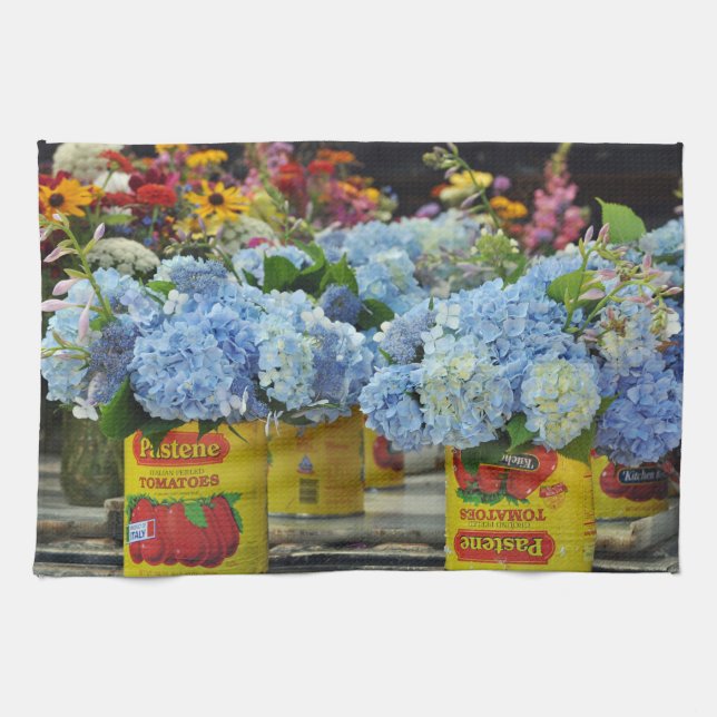 Hydrangeas and Fresh Flowers in Tomato Cans Kitchen Towel (Horizontal)