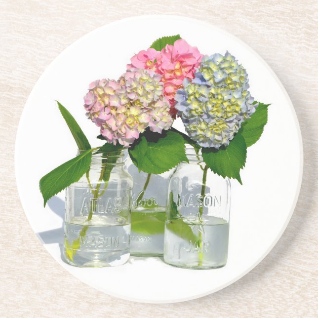 Hydrangeas and Mason jar Drink Coaster (Front)