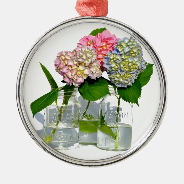 Hydrangeas and Mason jar Metal Ornament (Front)