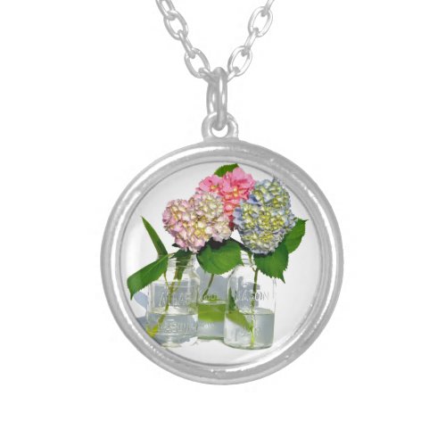 hydrangeas and mason jar silver plated necklace