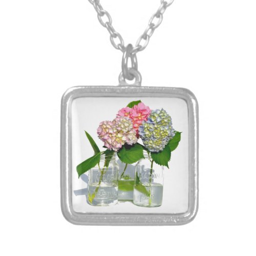 hydrangeas and mason jar silver plated necklace