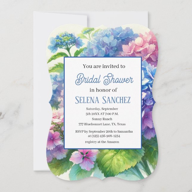 Hydrangeas Blue Floral Watercolor Bridal Shower  Invitation (Front)
