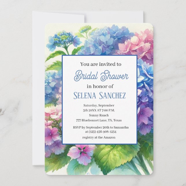 Hydrangeas Blue Floral Watercolor Bridal Shower  Invitation (Front)