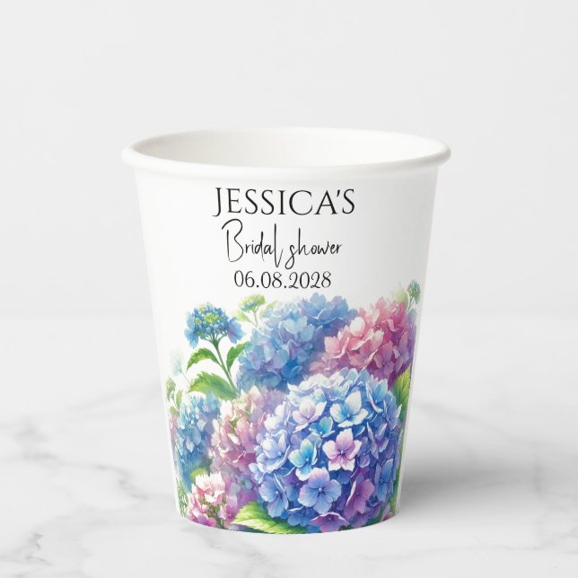 Hydrangeas Blue Flowers  Bridal Shower Party Paper Cups (Front)