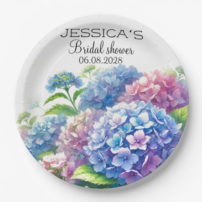 Hydrangeas Blue Flowers  Bridal Shower Party Paper Plates (Front)