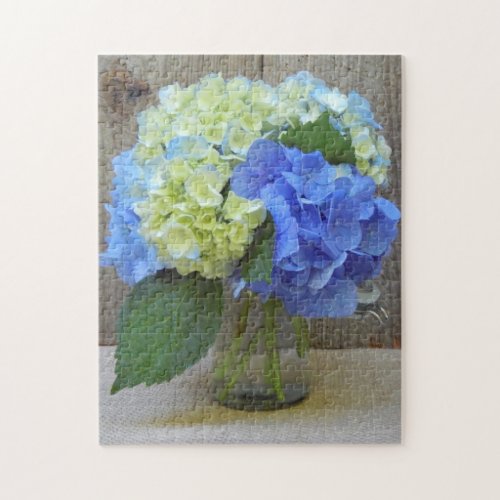 Hydrangeas Blue Mason Jar Floral Photography Jigsaw Puzzle