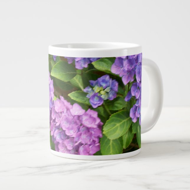 Hydrangeas, Blue, Pink, Mauve, Green Leaves Giant Coffee Mug (Front Right)