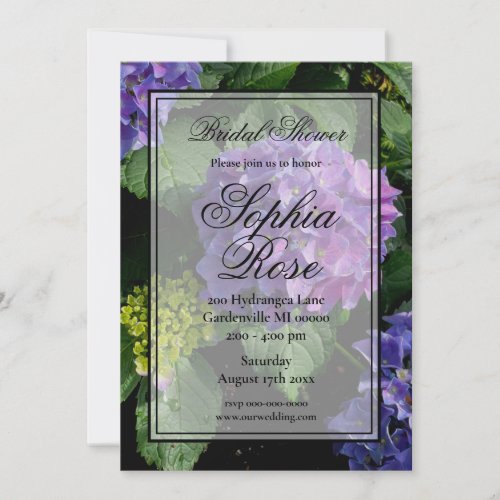 Hydrangeas blue purple floral flower bridal shower invitation