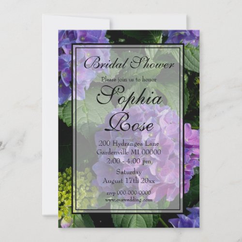 Hydrangeas blue purple floral flower bridal shower invitation