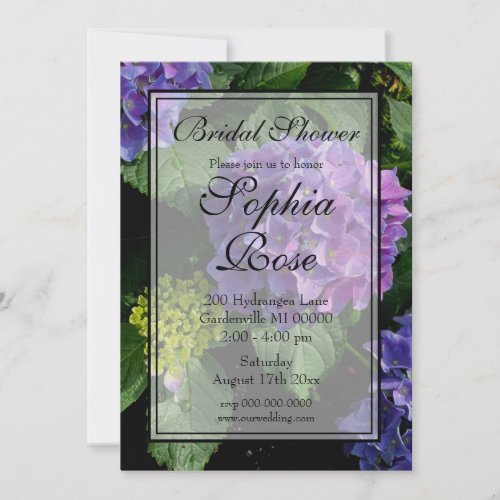 Hydrangeas blue purple floral flower garden bridal invitation