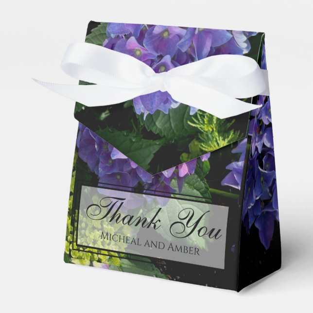 Hydrangeas blue purple floral flower garden favor boxes (Front Side)