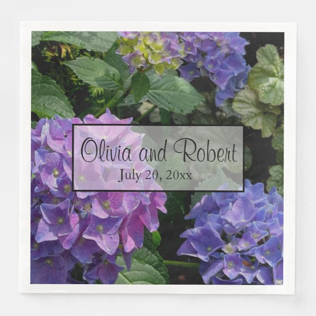 Hydrangeas blue purple floral flower garden paper dinner napkins (Front)