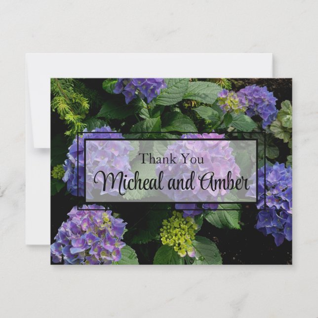 Hydrangeas blue purple floral flower garden thank you card (Front)