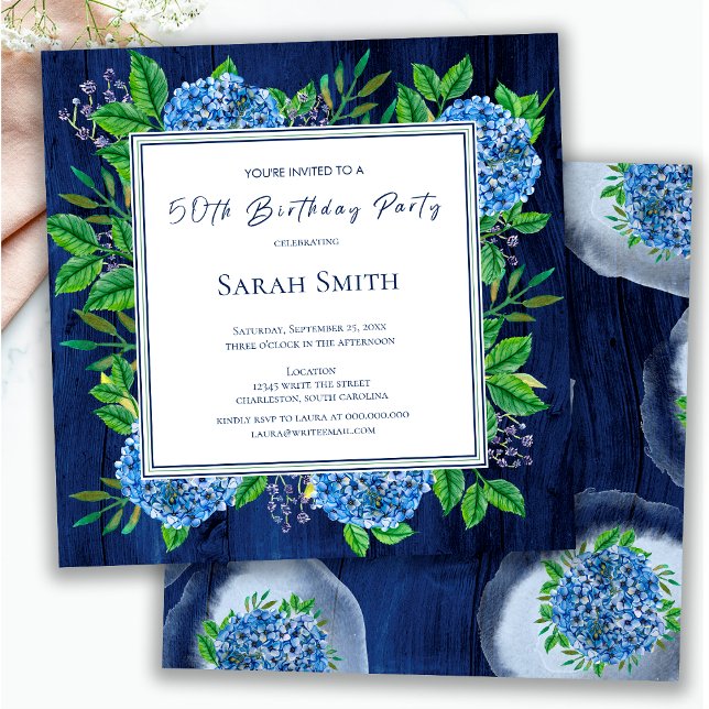 Hydrangeas Blue Rustic Wood 50th Birthday Party Invitation (Creator Uploaded)