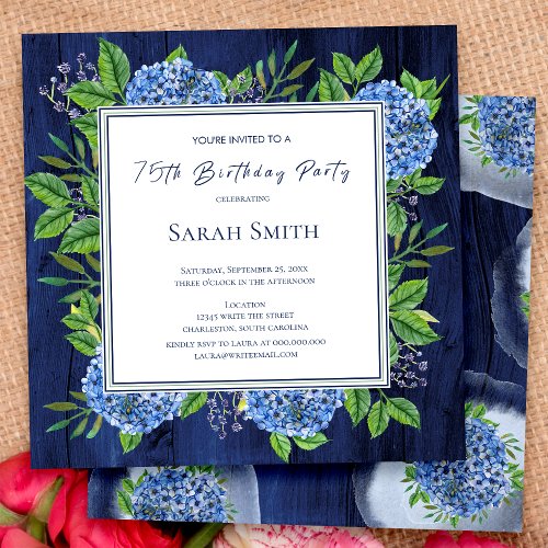 Hydrangeas Blue Rustic Wood 75th Birthday Party Invitation