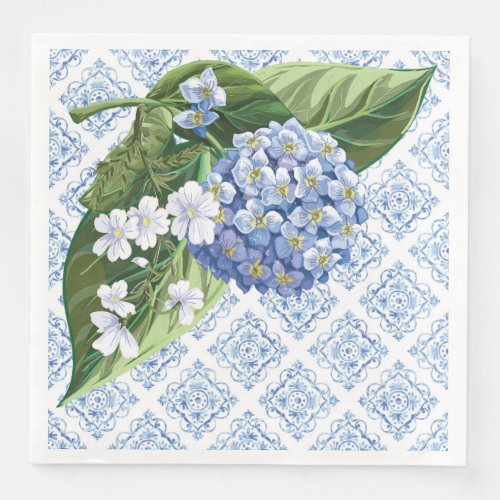 Hydrangeas Blue Tile Bridal Shower Napkins