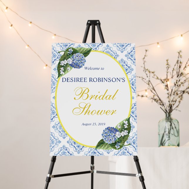 Hydrangeas Blue Tile Bridal Shower Welcome Sign (In Situ (Stand))
