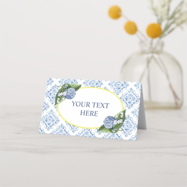 Hydrangeas Blue Tile Food Tent Place Card (Front)