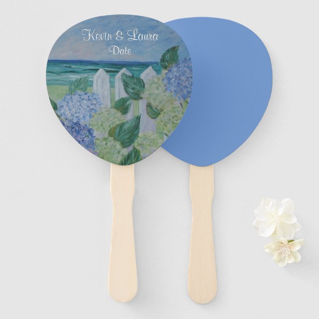 Hydrangeas By The Beach Wedding Hand Fan (Front and Back)