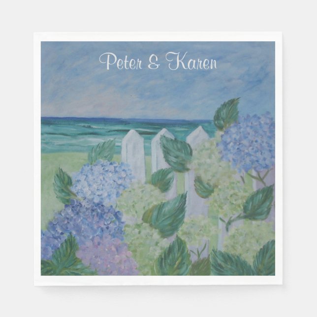 Hydrangeas By The Beach Wedding Napkins (Front)