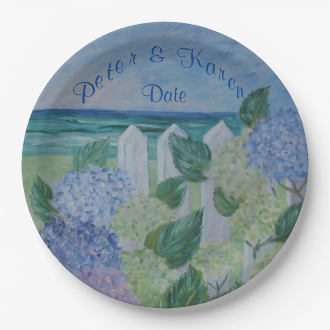Hydrangeas By The Beach Wedding Paper Plates (Front)