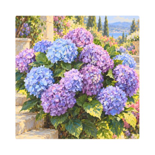 Hydrangeas by the Sea Painterly Coastal Garden Metal Print