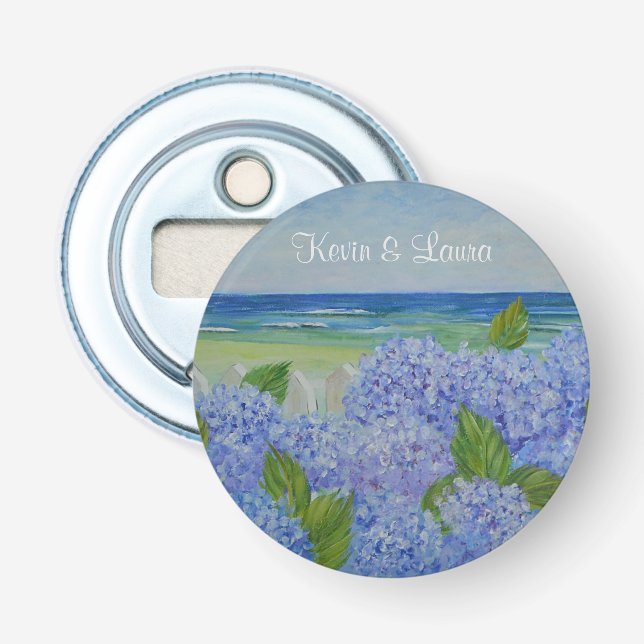 Hydrangeas By The Sea Wedding Bottle Opener (Front)