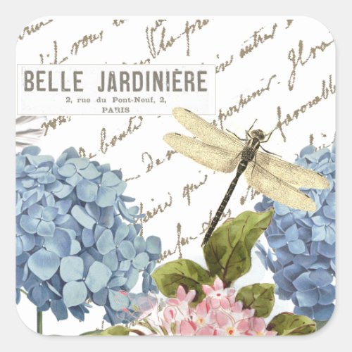 Hydrangeas Dragonfly French Script Garden Square Sticker