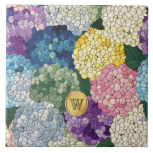 Hydrangeas Floral Faux Stained Glass Monogram Ceramic Tile