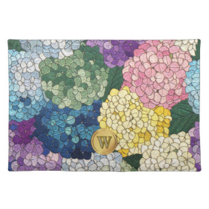 Hydrangeas Floral Faux Stained Glass Monogram Cloth Placemat