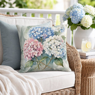 Hydrangeas Floral Pink Blue White Botanical Outdoor Pillow