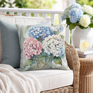 Hydrangeas Floral Pink Blue White Botanical Outdoor Pillow