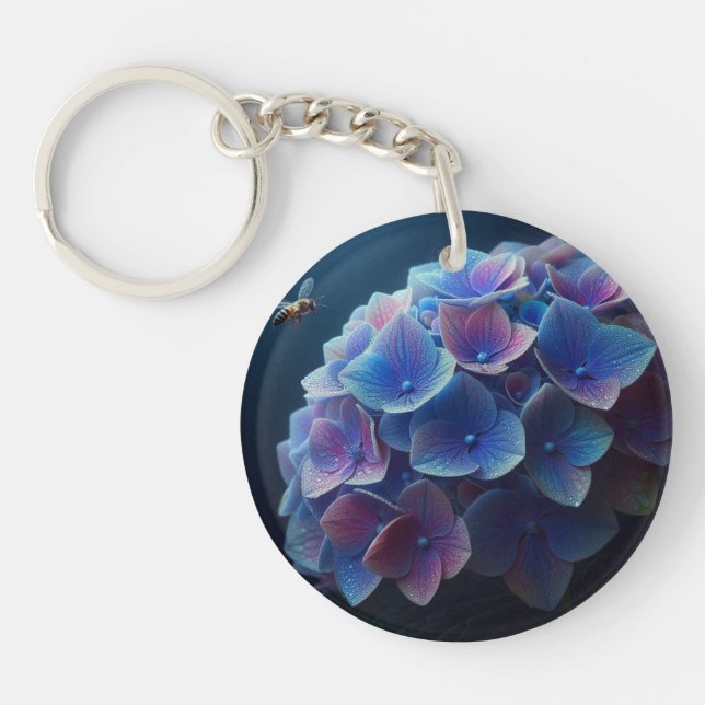 Hydrangeas Floral Purple and Blue Keychain (Front)