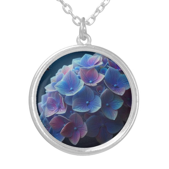 Hydrangeas Floral Purple and Blue Silver Plated Necklace (Front)