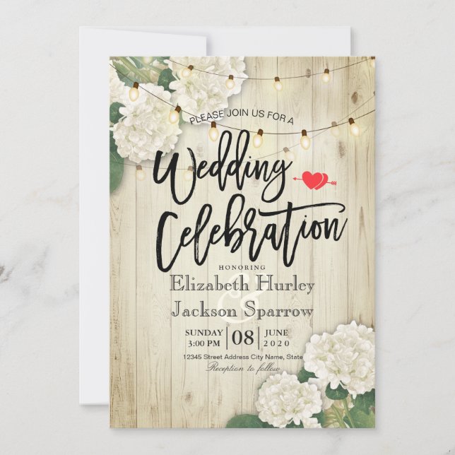 Hydrangeas Floral Rustic Wood String Light Wedding Invitation (Front)