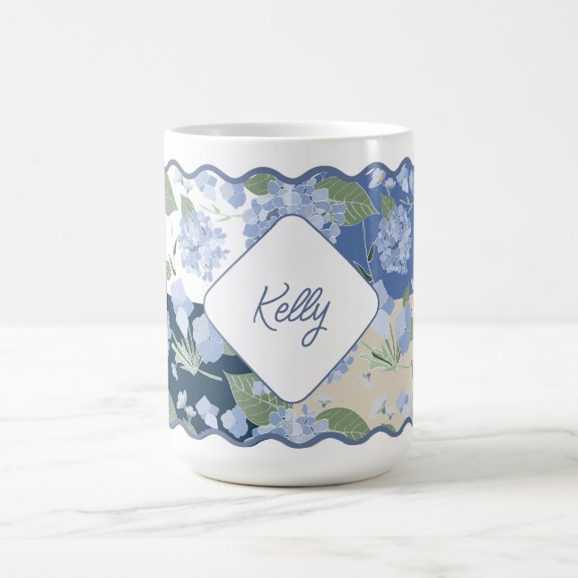 Hydrangeas Girly Patchwork Personalized Coastal Coffee Mug (Center)