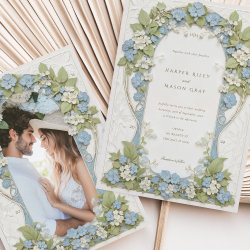 Hydrangeas Photo Art Nouveau Wedding Invitation