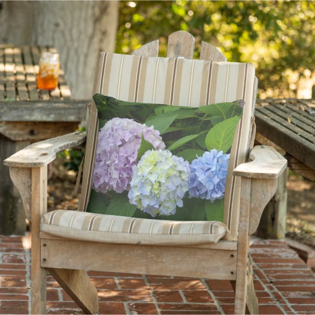 Hydrangeas, pink flowers, blue purple flowers outdoor pillow (Chair)