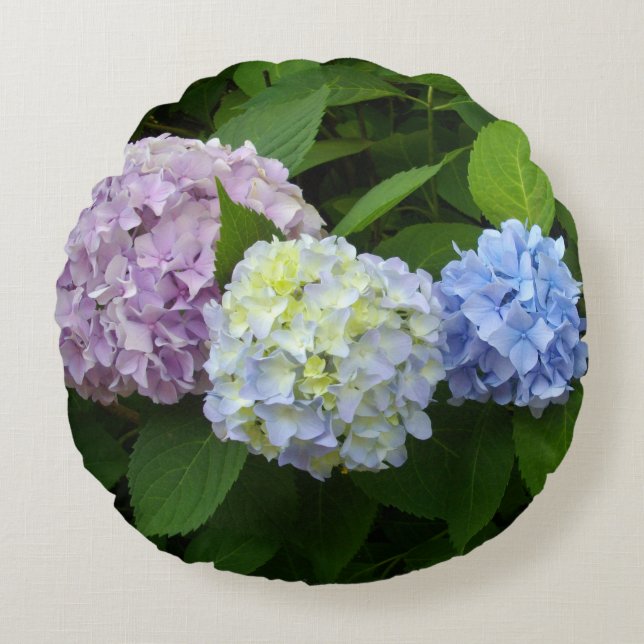 Hydrangeas pink flowers blue purple flowers round pillow (Front)