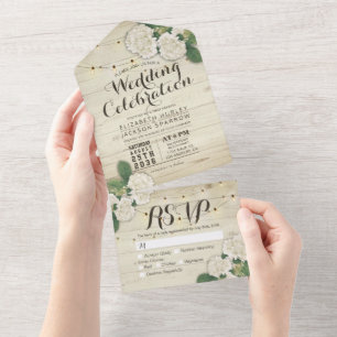 Hydrangeas String Lights Rustic Wood Wedding RSVP All In One Invitation
