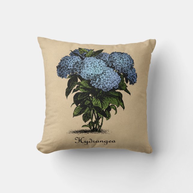 Hydrangeas Vintage Botanical Throw Pillow (Front)