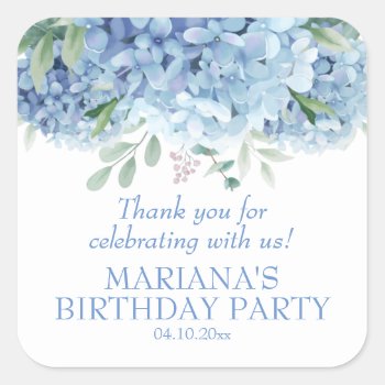 Hydrangeas Watercolor Floral Birthday Party Favor Square Sticker by WittyPrintables at Zazzle