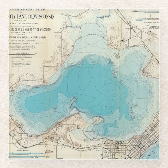 Hydrographic map Lake Mendota Glass Coaster (Front)
