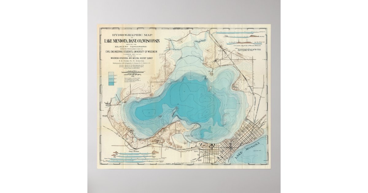 Hydrographic map Lake Mendota Poster | Zazzle