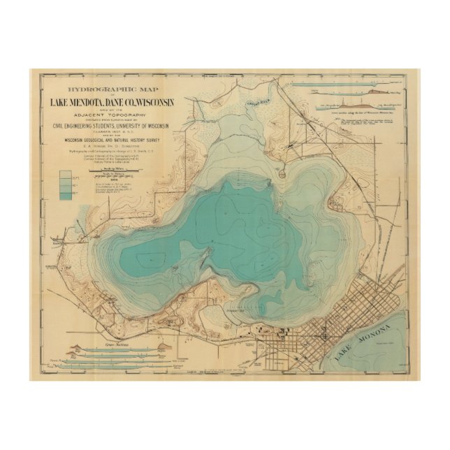 Hydrographic map Lake Mendota Wood Wall Art (Front)